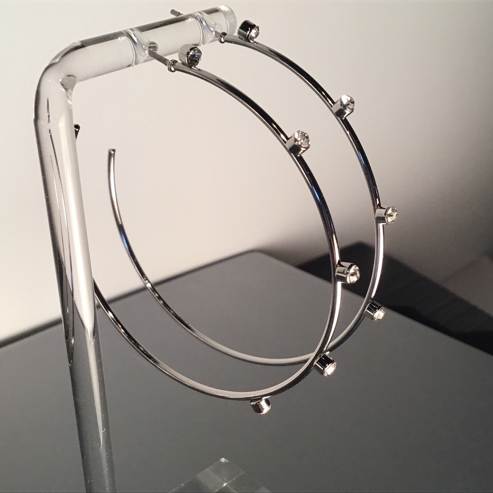 Hoop Earrings With Rhinestone Accents - 2 Inches Silver Tone